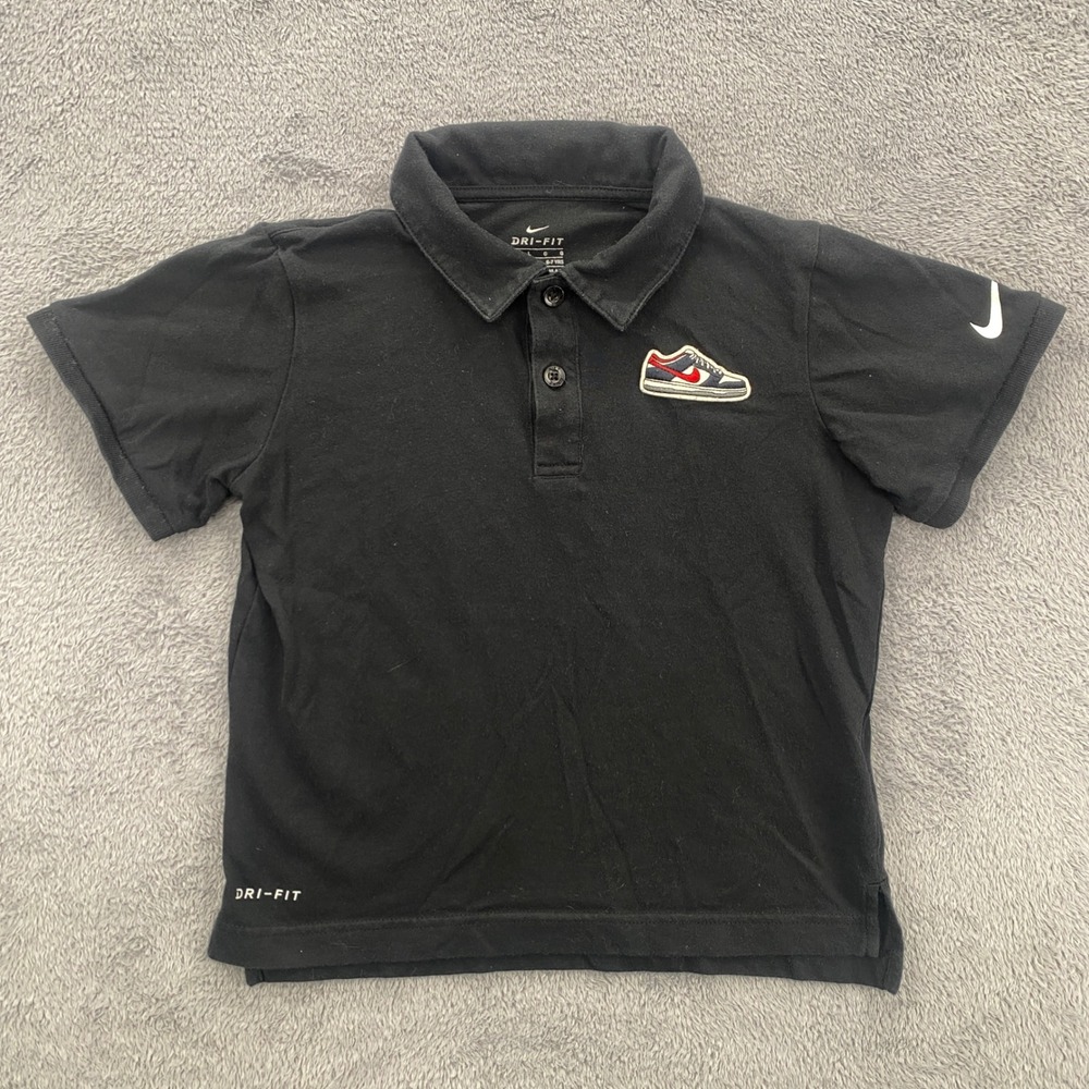 Nike Polo Shirt Boys Size 7 Black Dri-FIT Sneaker Patch Short Sleeve D963-023